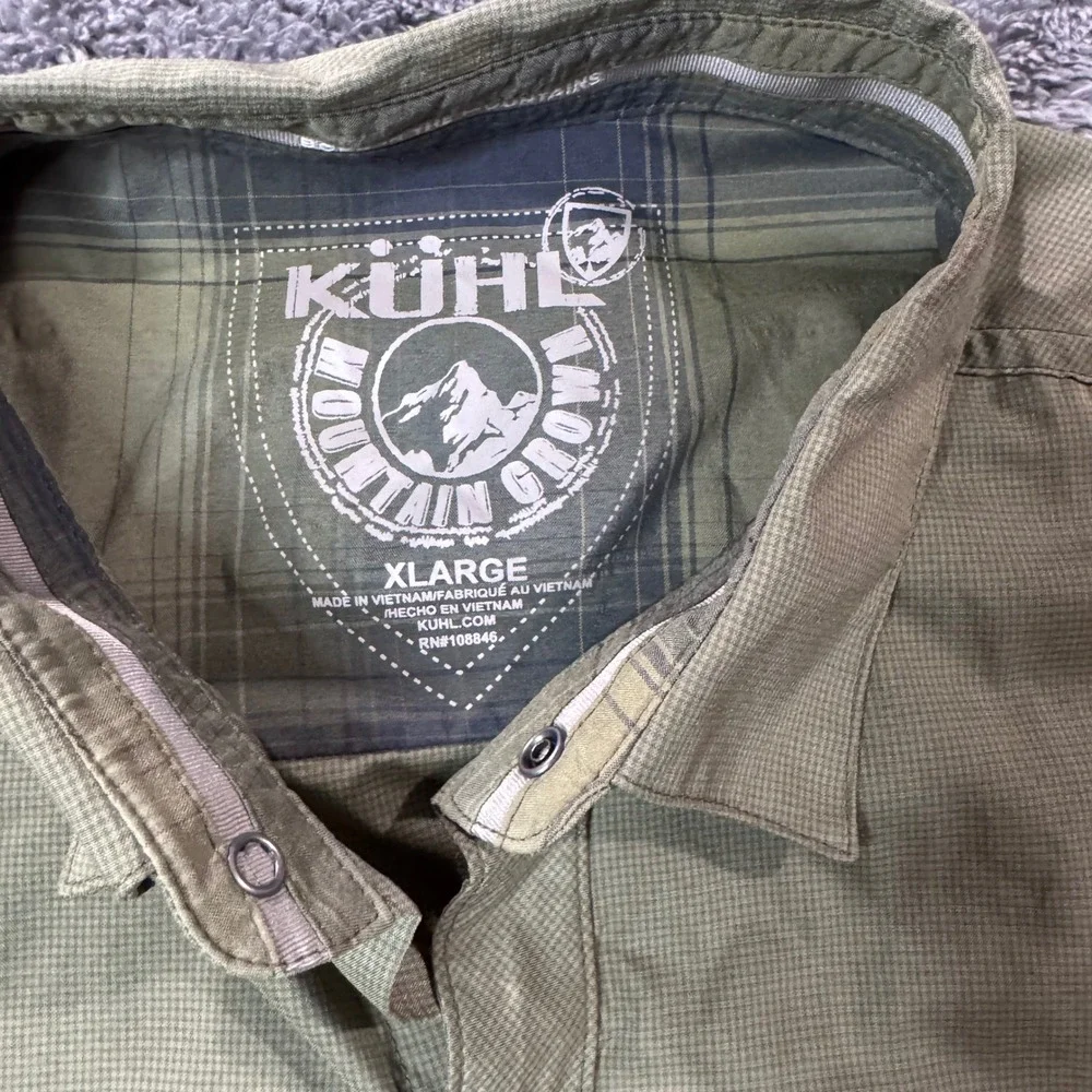 Kuhl Mens XL Olive Green Micro Check Short Sleeve Snap Button Hiking Shirt